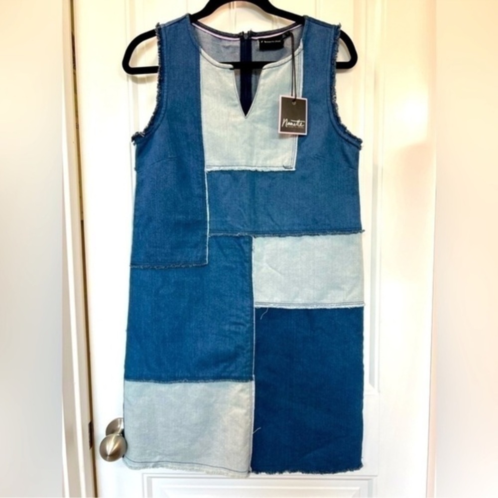 New✨Nanette Lepore | Blue Denim Patchwork Split V-neck Shift Dress - Picture 2 of 6